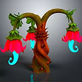 Unique Fantasy Plant with Twisted Trunk Spiked Red Flowers Green Leaves and Blue Curled Tips
