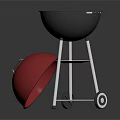 Outdoor Grill With Sausages Red Lid On Metal Stand And Wheels