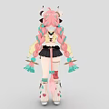 Woman with pink hair and horns holding colorful fans in black top short skirt