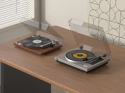 Two Turntables With Clear Dust Covers On Wooden Desk Near Window Blinds And Geometric Wall 3d model