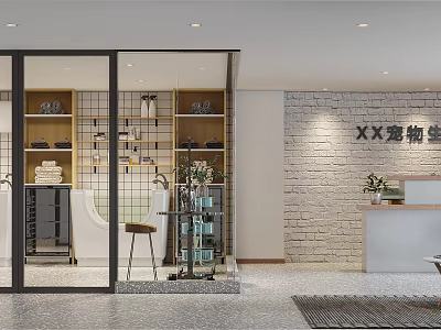 Shopping Mall Store Interior With Glass Door Shelves Brick Wall And Reception Counter Green Plants 3d model