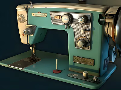 Industrial Sewing Machine With Turquoise Body Control Knobs And Foot Pedal 3d model