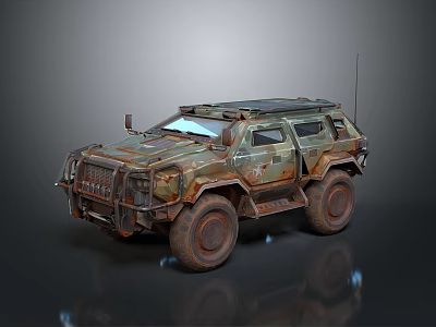 Camouflage Rusty Armored Military Vehicle With Large Tires Antenna Design 3d model
