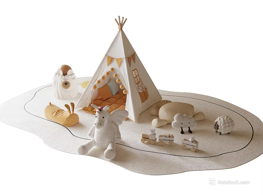 Adorable Stuffed Toys Including Winged Unicorn Sheep Small Bed And Teepee On Play Rug 3d model 