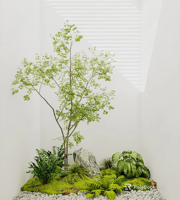 Garden Ornaments With Small Tree Green Plants Decorative Stone And Fresh Foliage 3d model 