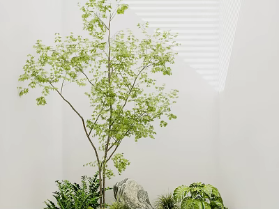 Garden Ornaments With Small Tree Green Plants Decorative Stone And Fresh Foliage 3d model