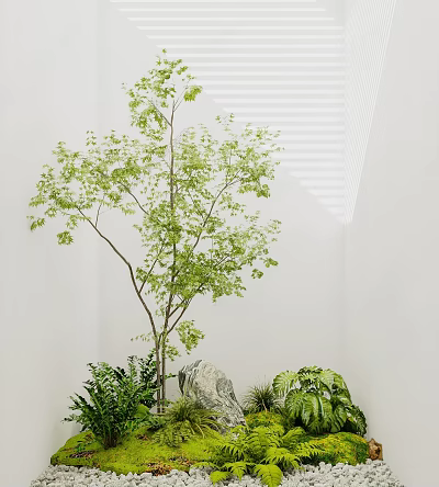 Garden Ornaments With Small Tree Green Plants Decorative Stone And Fresh Foliage 3d model