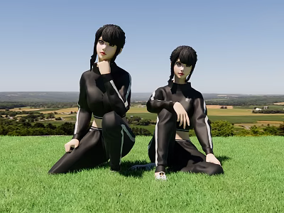Two Women In Black Sportswear Sitting On Green Grass With Open Field And Blue Sky 3d model