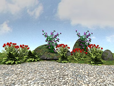 Beautiful Garden Scene With Red Purple Flowers Green Plants Rocks And Pebble Ground 3d model