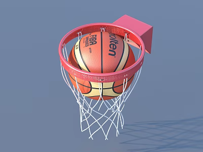 Red Basketball Hoop With Stuck Basketball Red Rim And White Net For Home Use 3d model