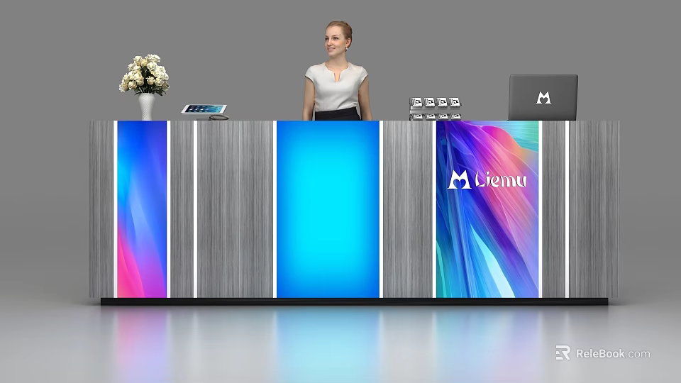 Modern Reception Desk With Colorful Panels Lemu Logo Laptop And Flower Vase 3d model 
