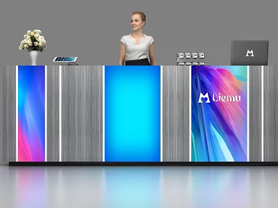 Modern Reception Desk With Colorful Panels Lemu Logo Laptop And Flower Vase 3d model