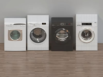 Four Washing Machines Arranged Side by Side on Wooden Floor with Gray Wall 3d model
