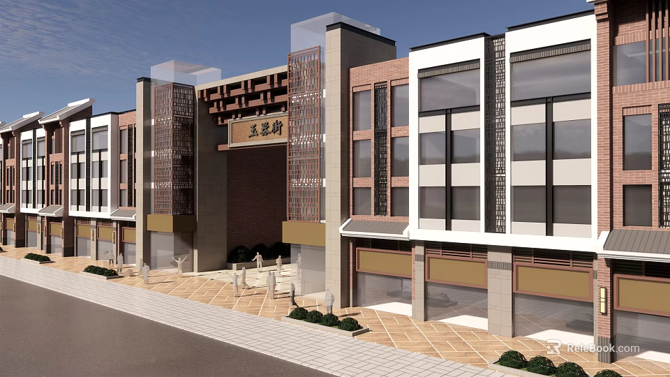 Modern Traditional Commercial Street With Glass Facades Stone Cladding Storefronts And Pedestrian Walkway 3d model 