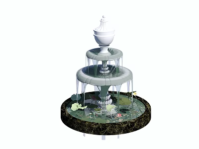 Three Tiered Garden Fountain With White Decorative Top And Lily Pads 3d model