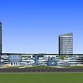 Modern Commercial Complex Featuring Curved Structures Tall Buildings And Green Landscapes