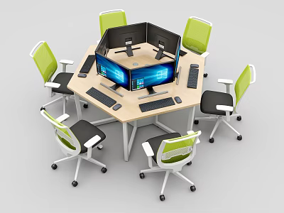 Hexagonal Office Desk Setup With Multiple Computer Monitors And Green Chairs 3d model