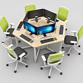 Hexagonal Office Desk Setup With Multiple Computer Monitors And Green Chairs