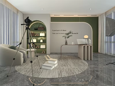 Modern Public Office Space Interior With Sofa Round Desk Bookshelf And Floor Lamp 3d model