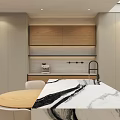 Stylish Modern Beige Kitchen With Built In Appliances Marble Island And Cozy Dining Space