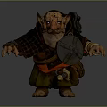 Orc Like Game Movie Character With Tusked Face Plaid Cloak Shield And Crouching Stance