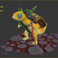 Fantasy Yellow Animal with Blue Eyes Horns and Saddle Bag Standing on Stone Ground