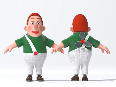 3D Game Movie Character With Red Hair Green Shirt White Overalls Back Fan Design 3d model