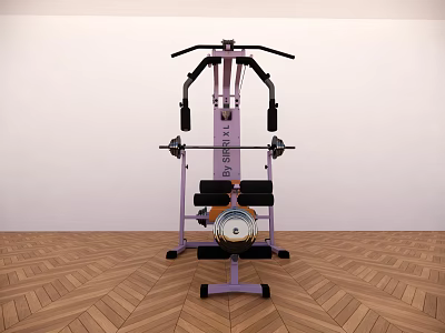 Purple Multifunctional Sports Equipment with Seat Barbell and Workout Components in Indoor Wooden Floor Setting 3d model