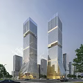Modern Office Buildings With Glass Curtain Walls Geometric Design Urban Setting Green Trees
