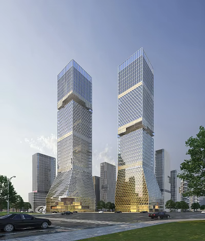 Modern Office Buildings With Glass Curtain Walls Geometric Design Urban Setting Green Trees 3d model