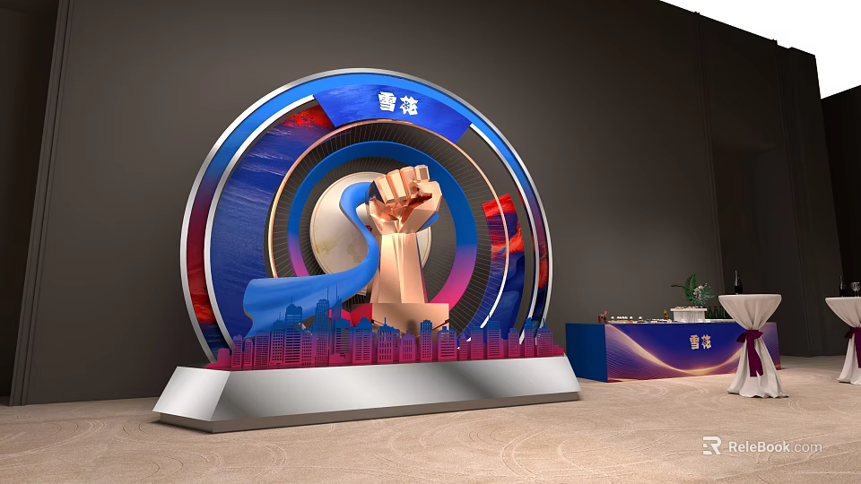 Luwei Brand Display Sculpture With Fist Design Circular Frame And City Skyline 3d model 