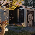 Serene Garden Landscape With Deer Statue Trees Stone Wall Circular Decoration And Warm Lighting