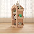 Modern Wooden Bookshelf With Open Shelves Books Potted Plant And Small Chair