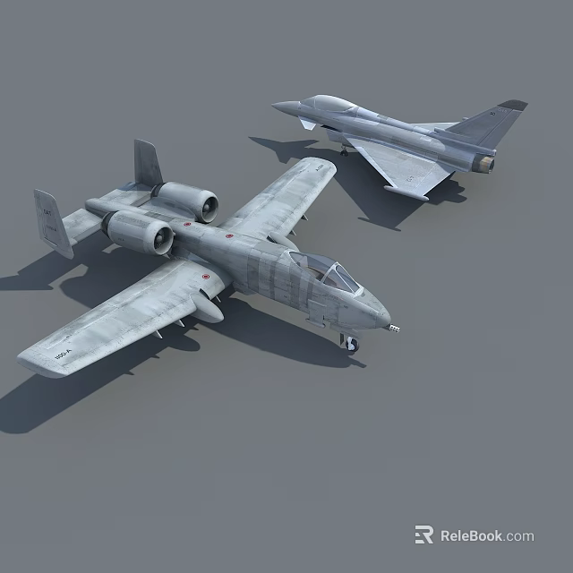 Two Military Fighter Jets in Gray Static Display with Different Wing Designs 3d model 