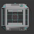 Cartoon Scene of Silver Tech Device with Blue Accents Transparent Grid Windows and Black Cable