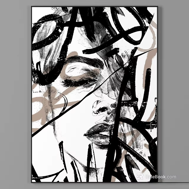 Black and White Abstract Female Face Line Art Modern Decorative Frame 3d model 