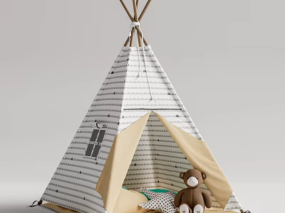 Cute White and Gray Striped Tepee Tent with Window Design and Teddy Bear Inside 3d model