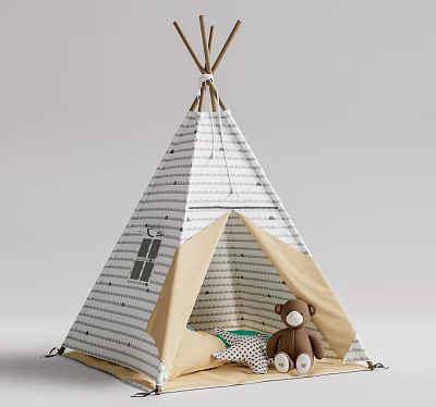 Cute White and Gray Striped Tepee Tent with Window Design and Teddy Bear Inside 3d model