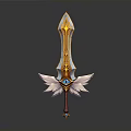 Fantasy Golden Sword With Wing Shaped Decorations And Gemstone Hilt