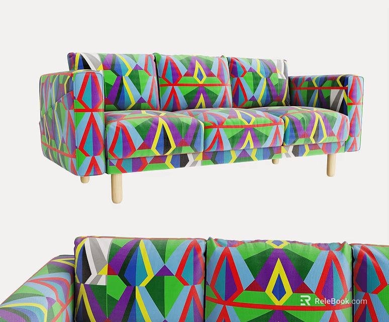 Sectional Sofa with Colorful Geometric Pattern and Wooden Legs Modern Design 3d model 