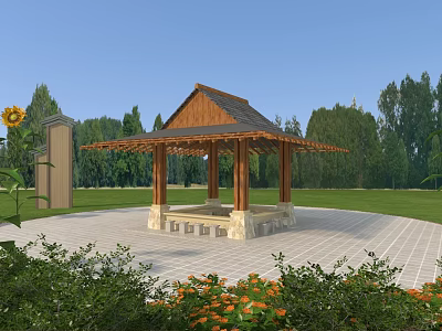 Outdoor Garden Pavilion With Wooden Roof Stone Pillars Stone Tile Floor And Sunflowers 3d model