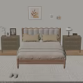 Cozy Wooden Bedroom Interior With Scalloped Headboard Beige Bedding Nightstands Wall Art And Area Rug