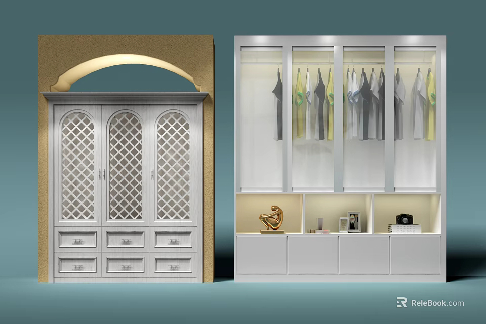 White Arched Top Wardrobe With Lattice Doors Drawers Glass Storage And Hanging Clothes 3d model 