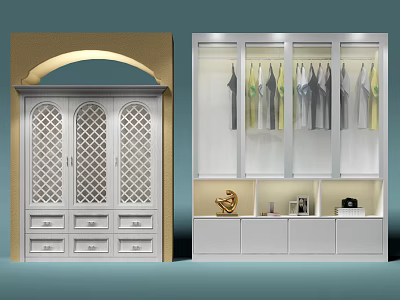 White Arched Top Wardrobe With Lattice Doors Drawers Glass Storage And Hanging Clothes 3d model