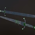 Ornate Decorative Swords With Green Gemstones And Intricate Metal Handles Design