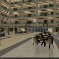 Shopping Mall Lobby with Glass Dome Ceiling Multi Level Structure Indoor Plants and Seating Areas