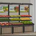 Multi Tiered Display Shelving With Fresh Fruits And Advertising Posters