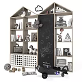 Wooden Kids Bookcase With Stuffed Animals Books Hand-Drawn Chalkboard Toy Plane And Decorations