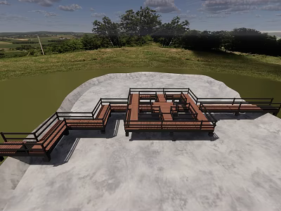 Garden Landscape With Wooden Platform Railings Connected Pathways And Green Grassland 3d model