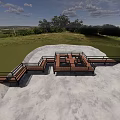 Garden Landscape With Wooden Platform Railings Connected Pathways And Green Grassland